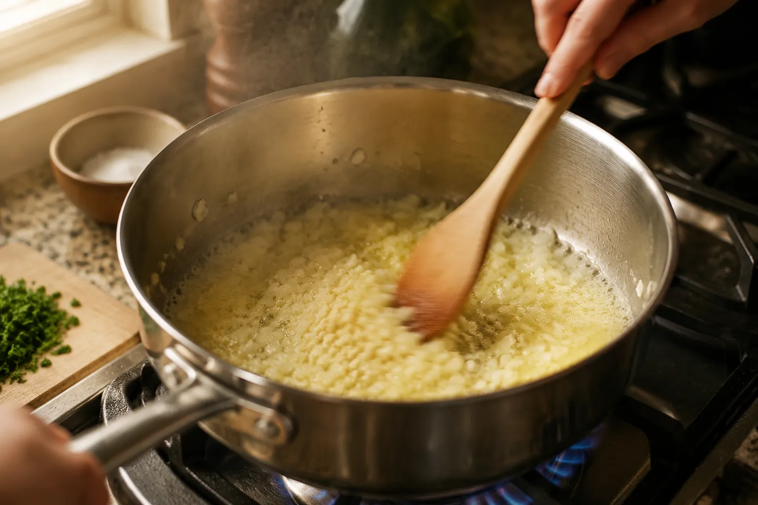 Sauteing garlic and onion in butter for seafood boil sauce