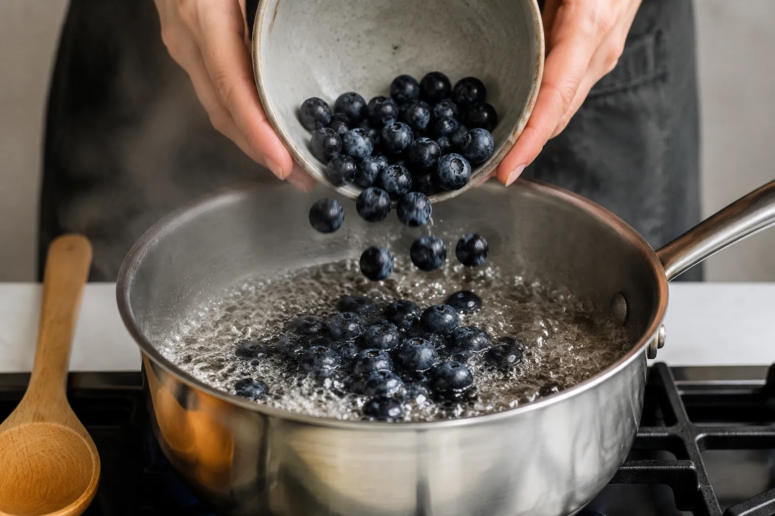 Adding blueberries to simmering sugar and water for blueberry syrup