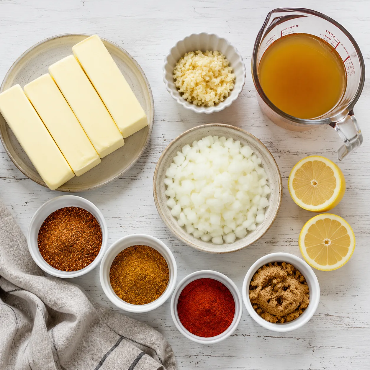 Ingredients for seafood boil sauce recipe laid out in small bowls overhead