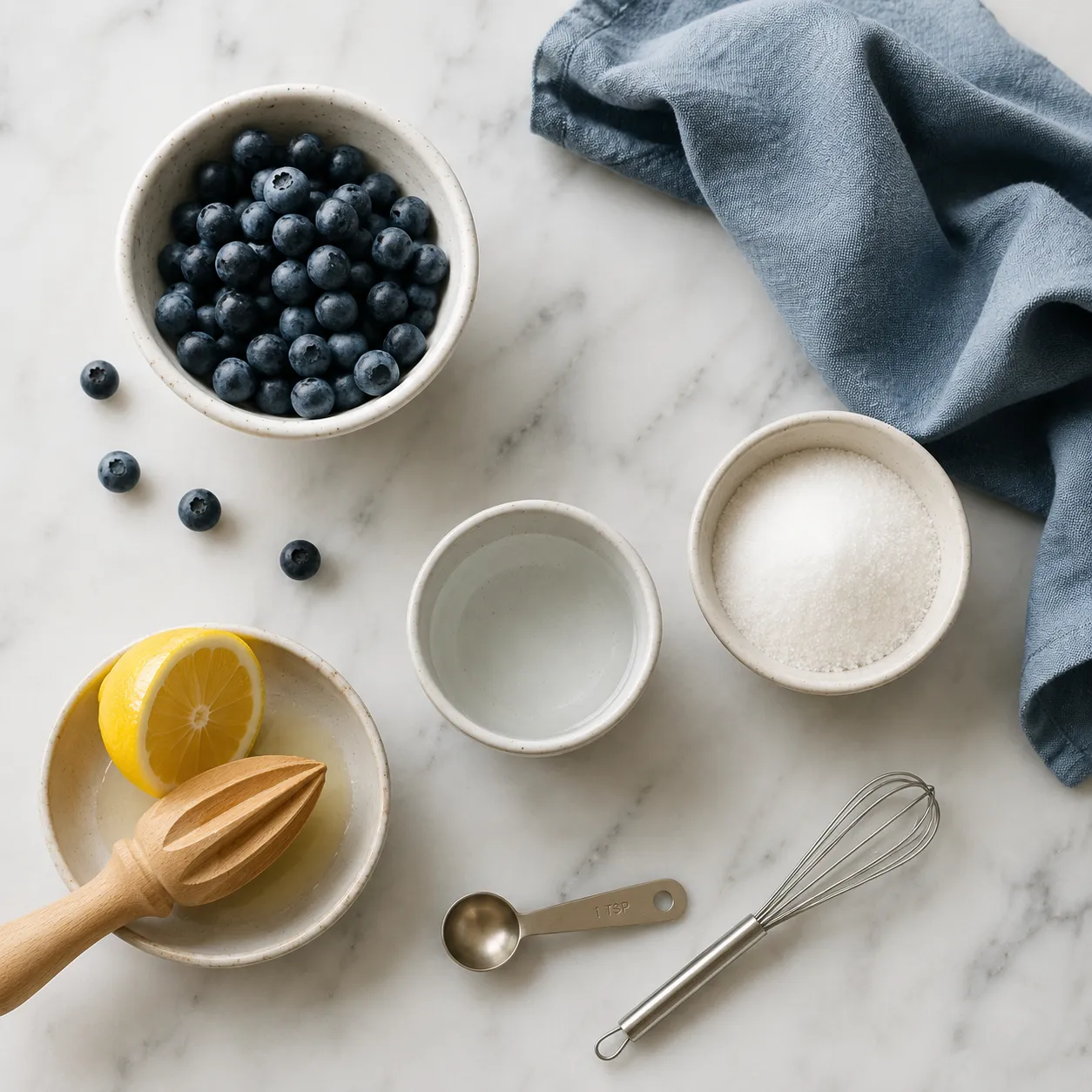 Blueberry syrup ingredients flatlay with blueberries, sugar, lemon, and water