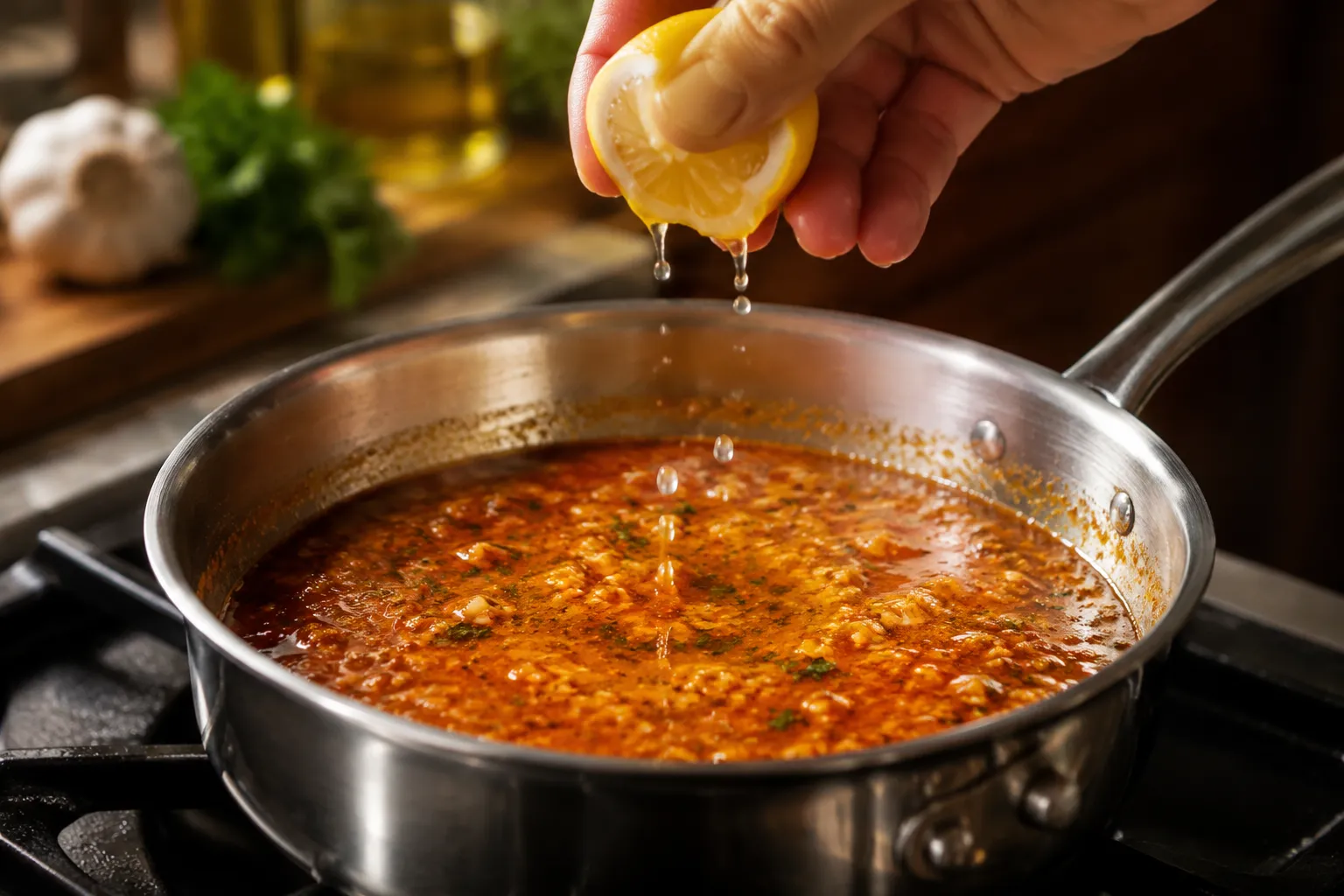 Finishing seafood boil sauce with fresh lemon juice