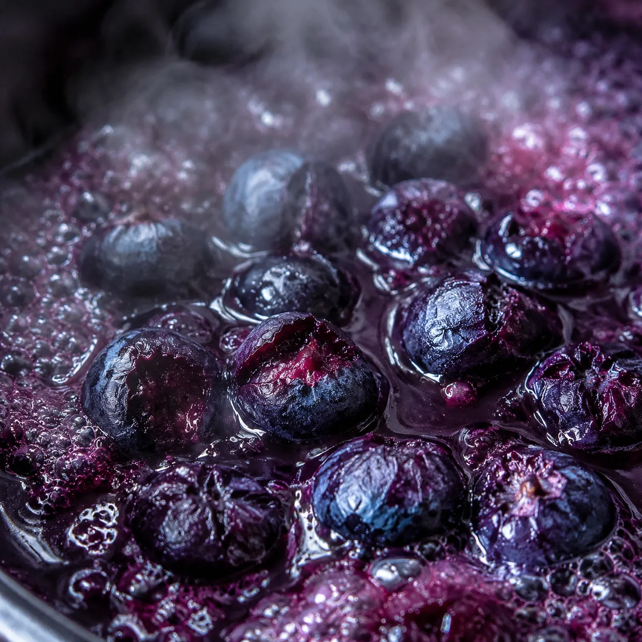 Blueberries bursting in the pan while simmering into homemade blueberry syrup