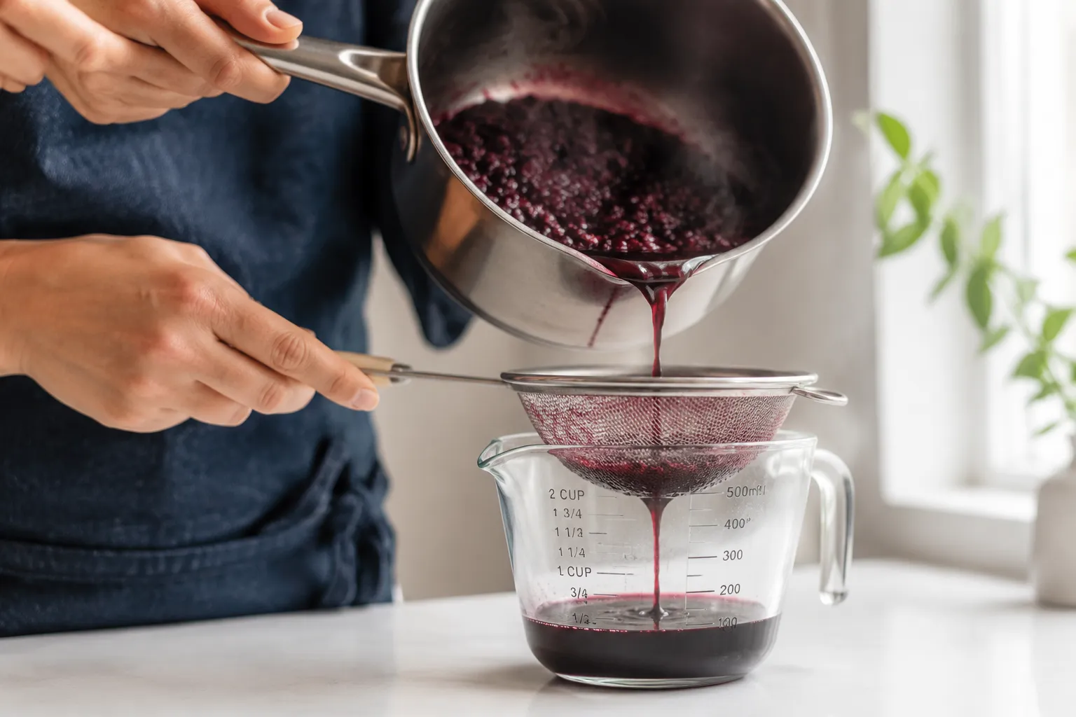 Straining homemade blueberry syrup into a glass measuring cup