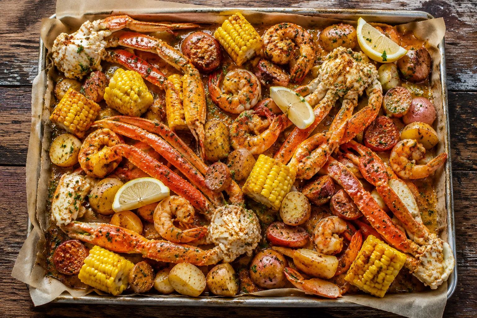 Seafood boil tray coated in homemade seafood boil sauce recipe