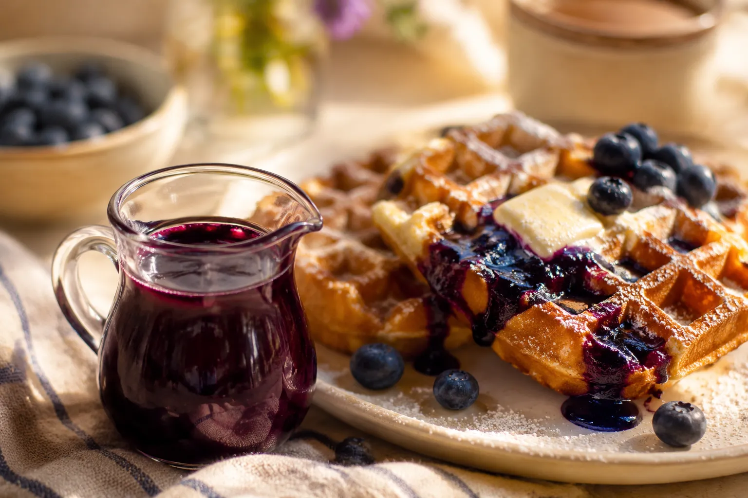 Finished blueberry syrup in a glass pitcher next to golden waffles