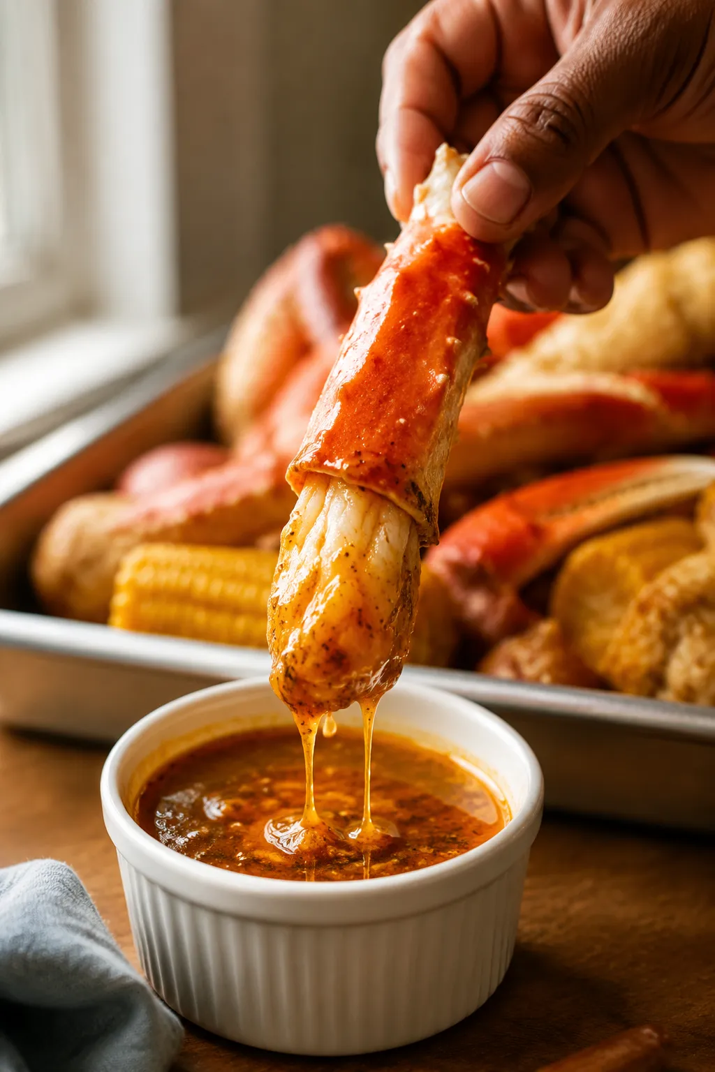 Dipping crab leg into seafood boil dipping sauce