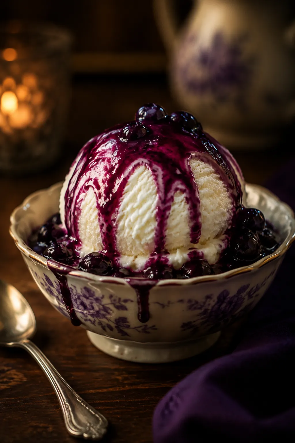 Blueberry syrup drizzled over vanilla ice cream