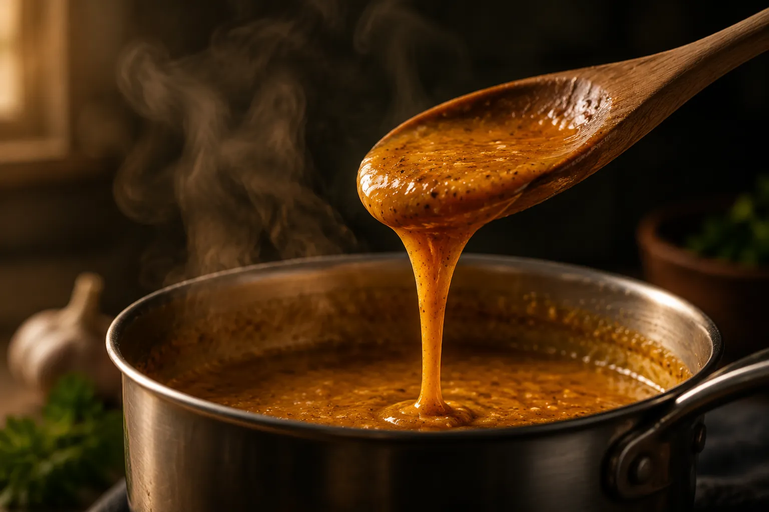 Silky thick Cajun butter seafood boil sauce ribboning off a spoon