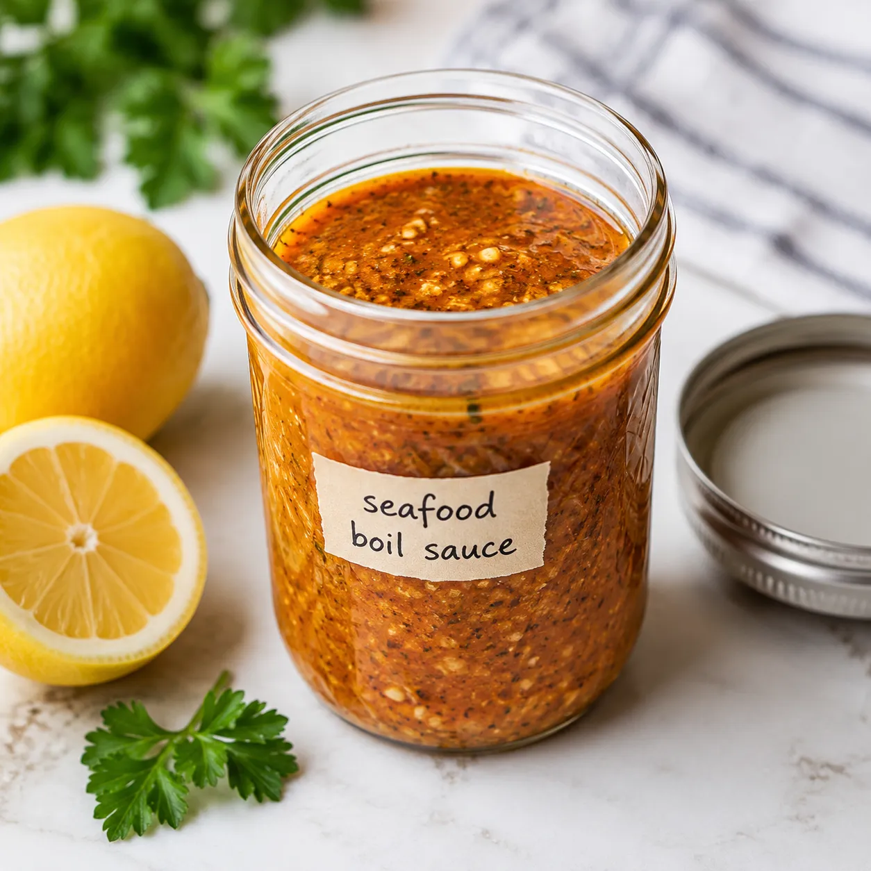 Seafood boil sauce stored in a mason jar for make-ahead use