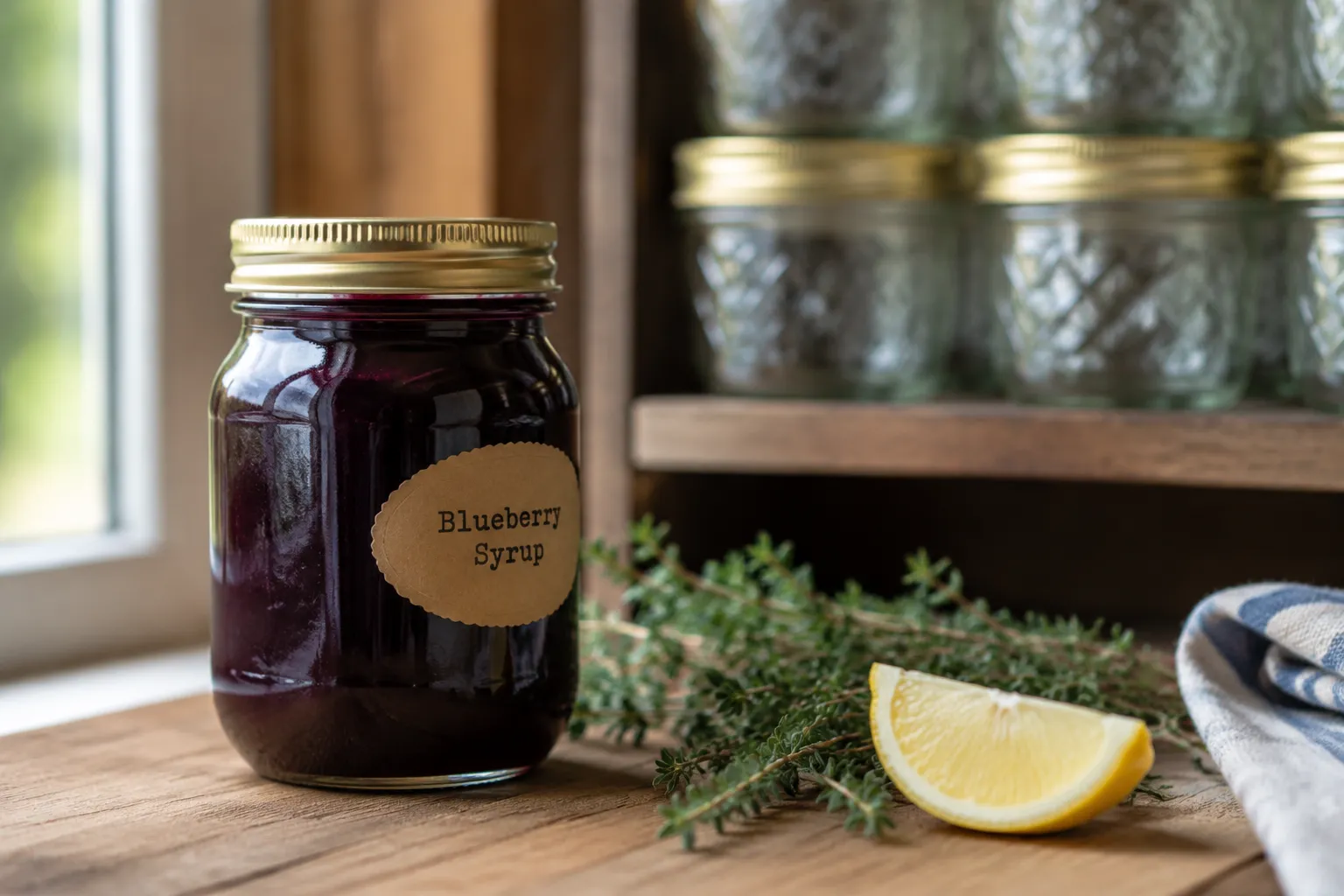Homemade blueberry syrup stored in a labeled mason jar