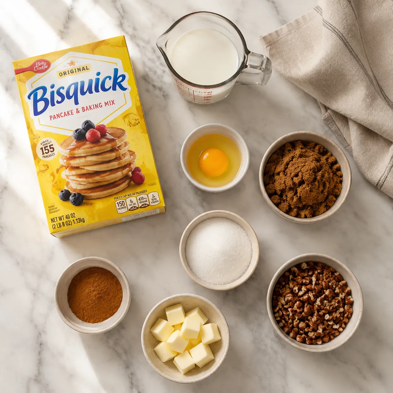 Bisquick recipes ingredients flatlay with baking mix, milk, eggs, cinnamon, and pecans