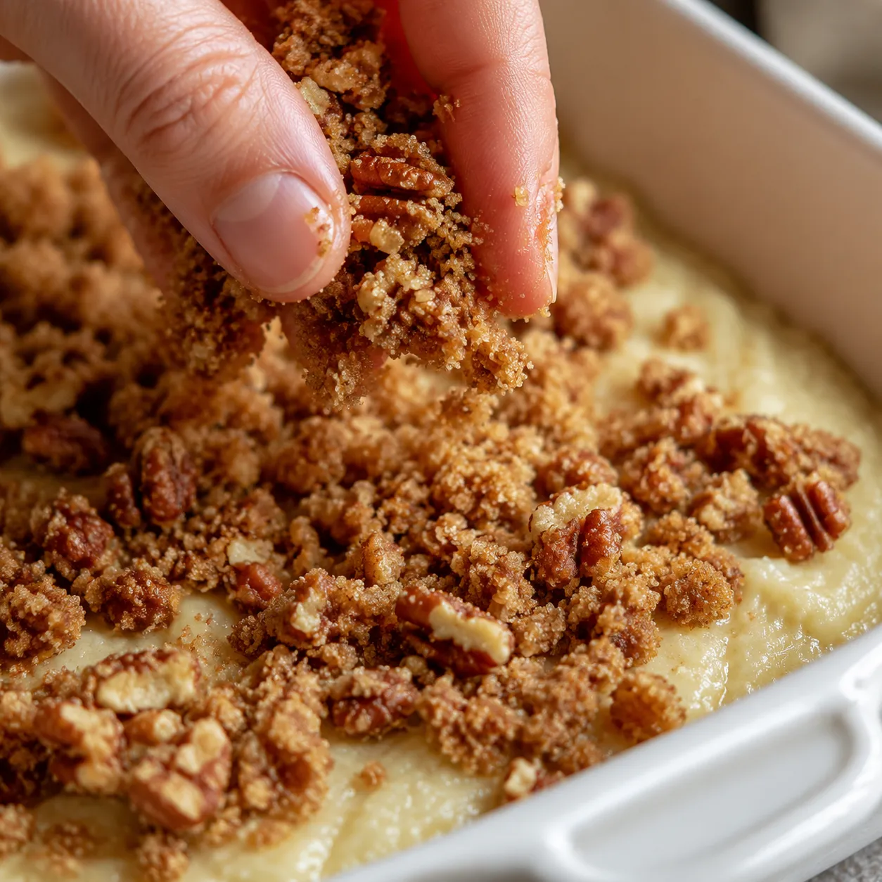 Adding cinnamon streusel topping to bisquick coffee cake batter
