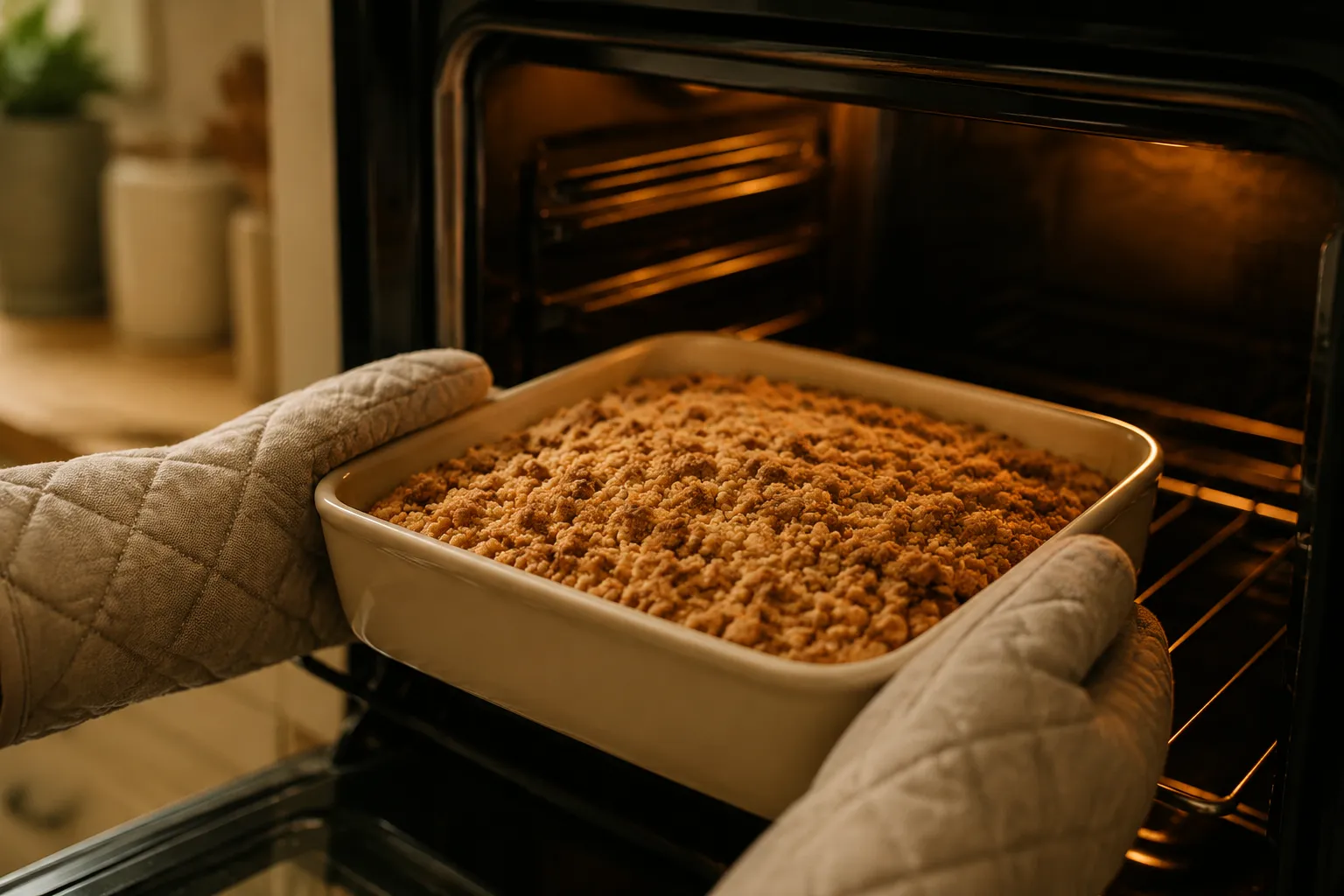 Bisquick coffee cake going into the oven to bake