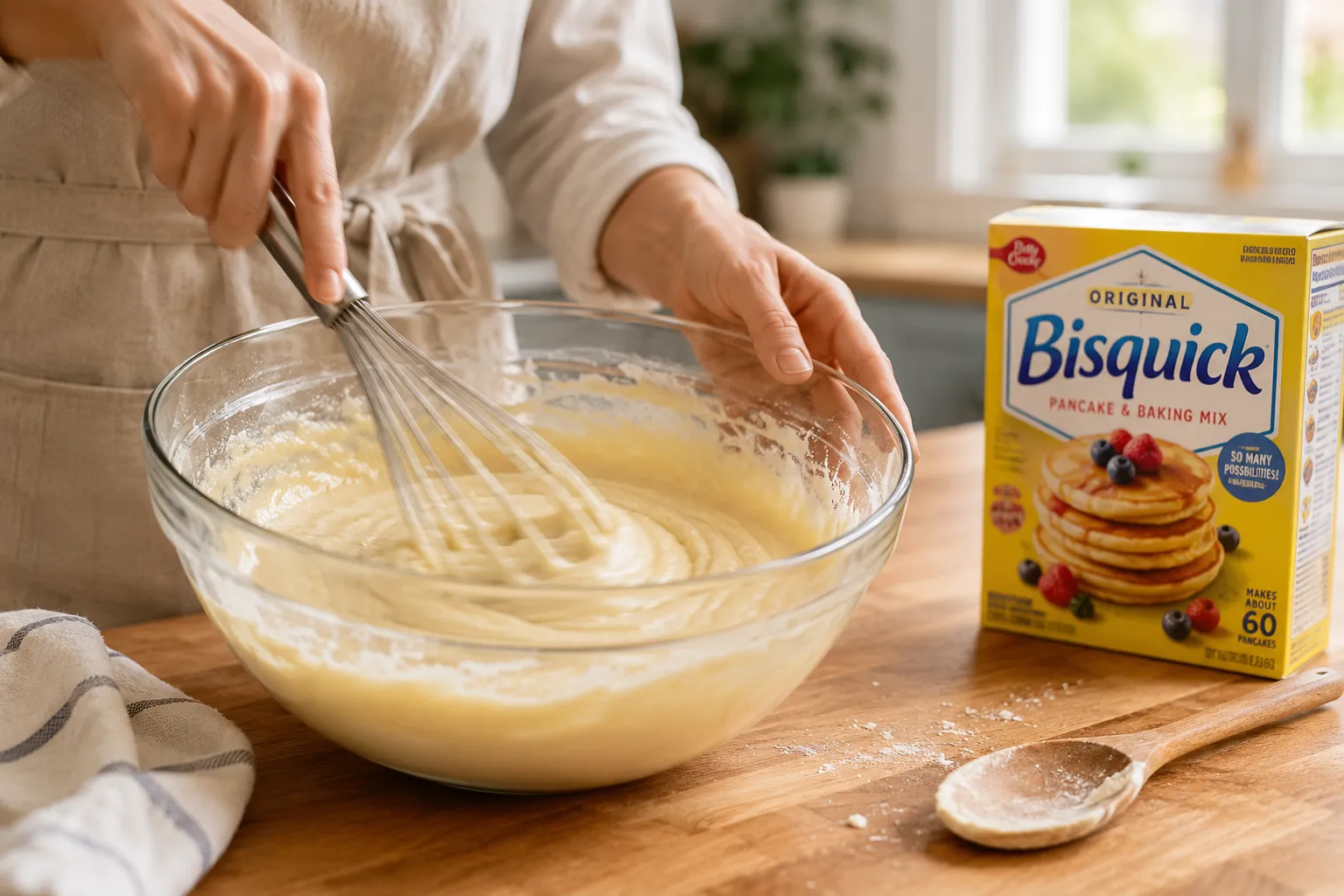 Mixing Bisquick batter in a glass bowl for an easy coffee cake recipe
