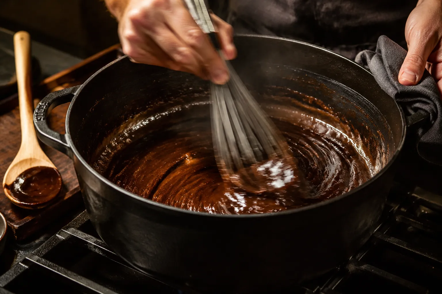 Whisking a dark Creole roux for seafood gumbo recipe in a cast-iron Dutch oven