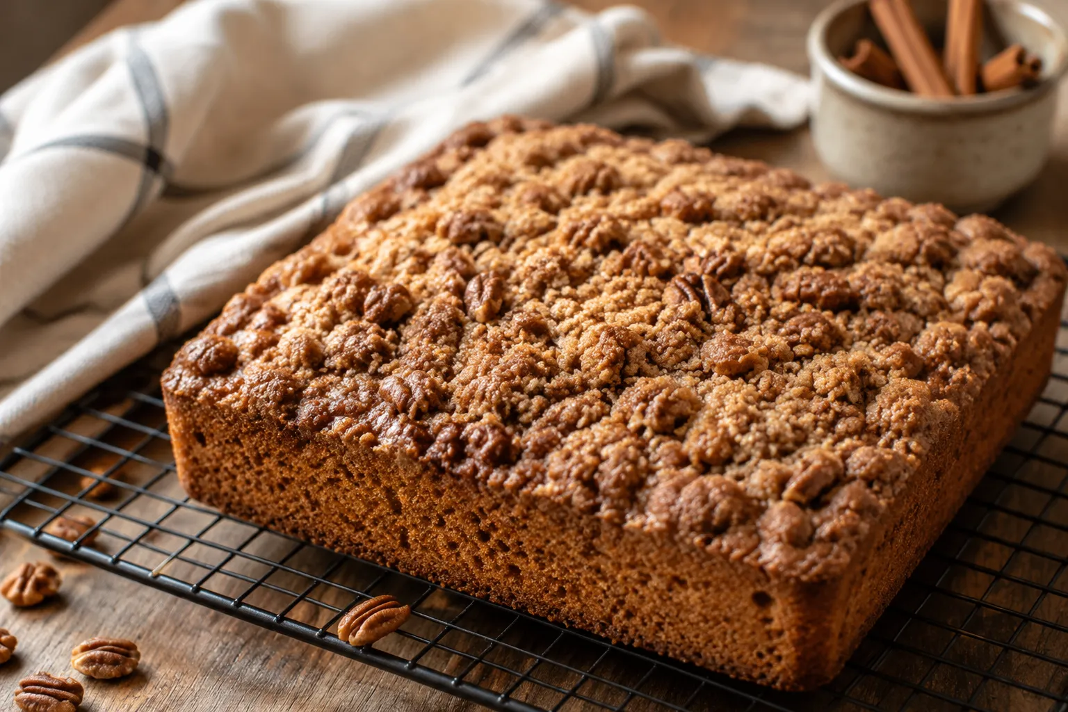 Freshly baked Bisquick coffee cake recipe cooling on a wire rack