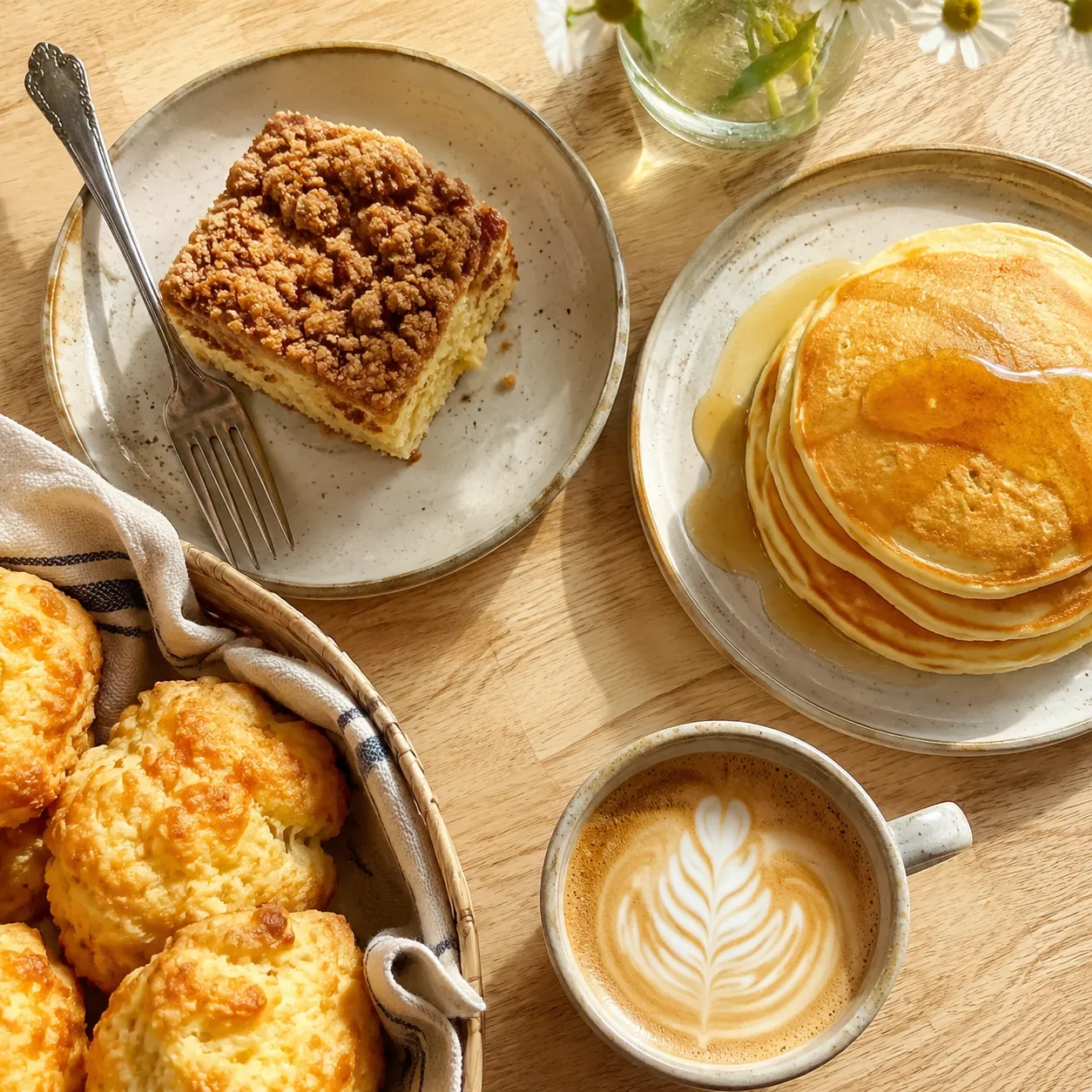 Bisquick recipes brunch spread with coffee cake, pancakes, and biscuits