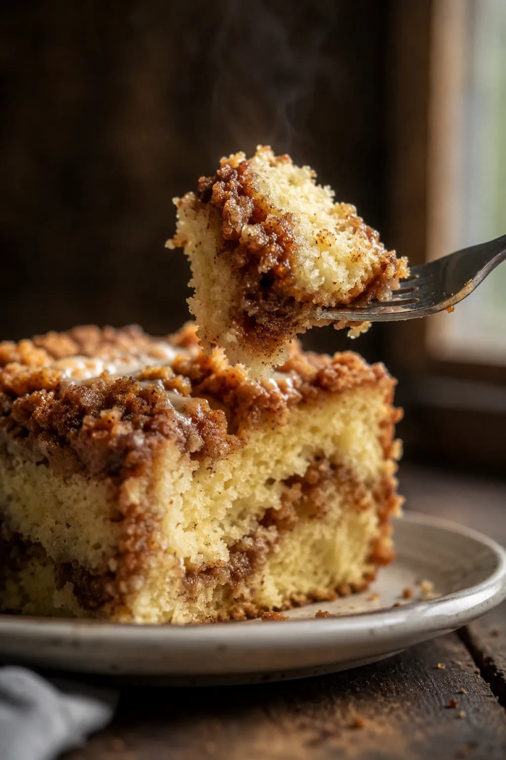 Tender crumb close-up of a Bisquick coffee cake slice
