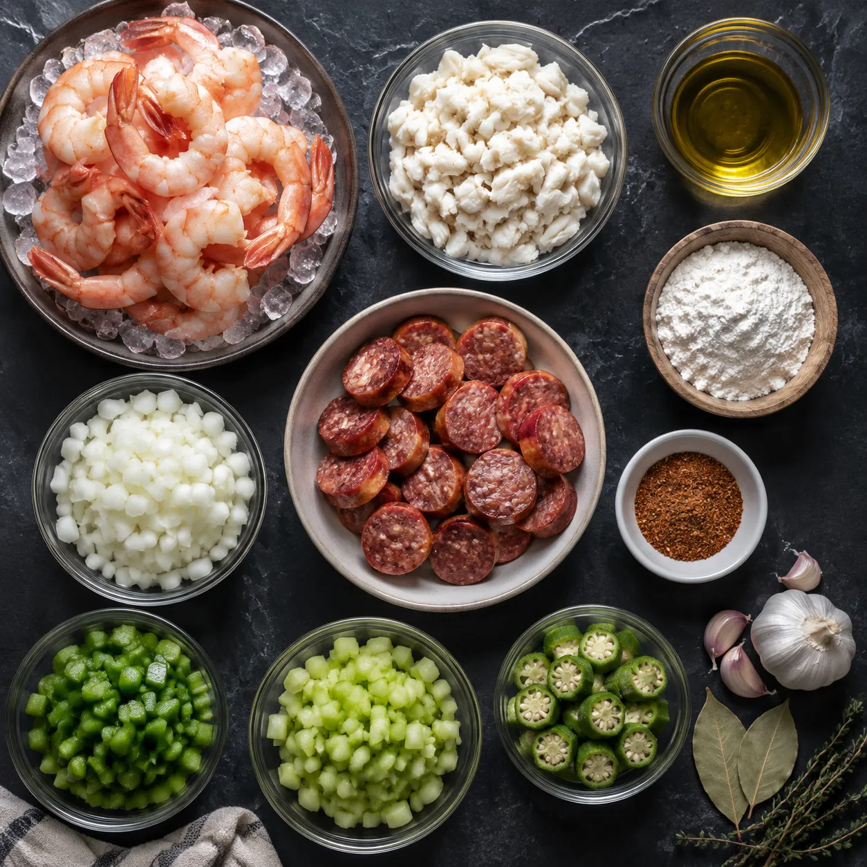 Seafood gumbo recipe ingredients flatlay with shrimp, crab, andouille, and Creole seasonings