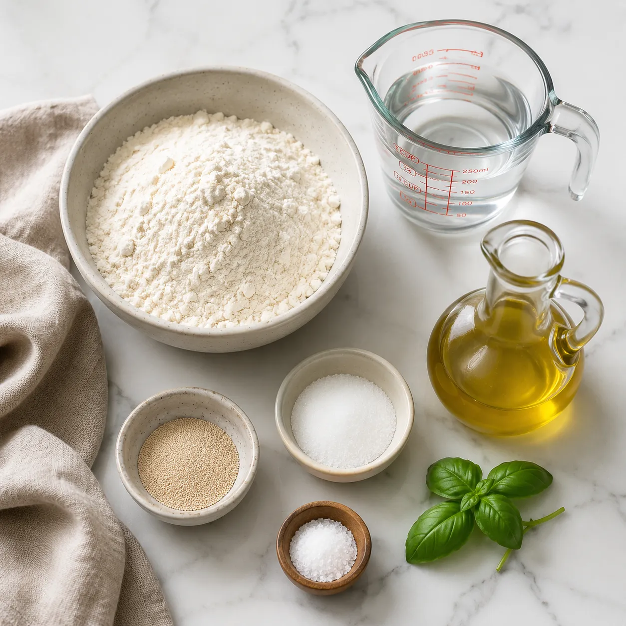 Quick pizza dough recipe ingredients flatlay with flour, yeast, salt, water, and olive oil