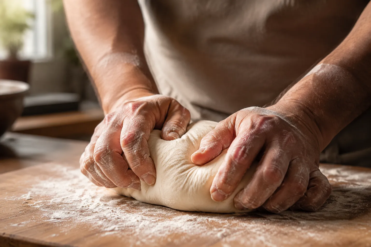 Hands kneading homemade pizza dough on a floured wooden surface