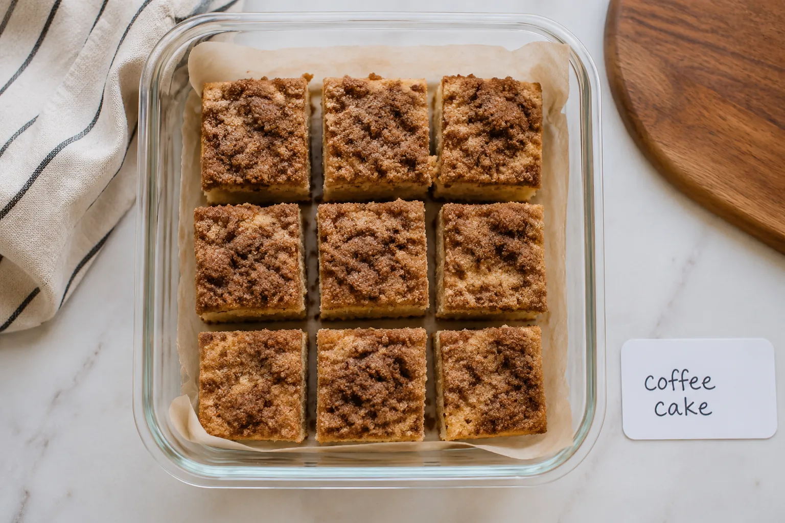 Storing Bisquick coffee cake leftovers in a glass container