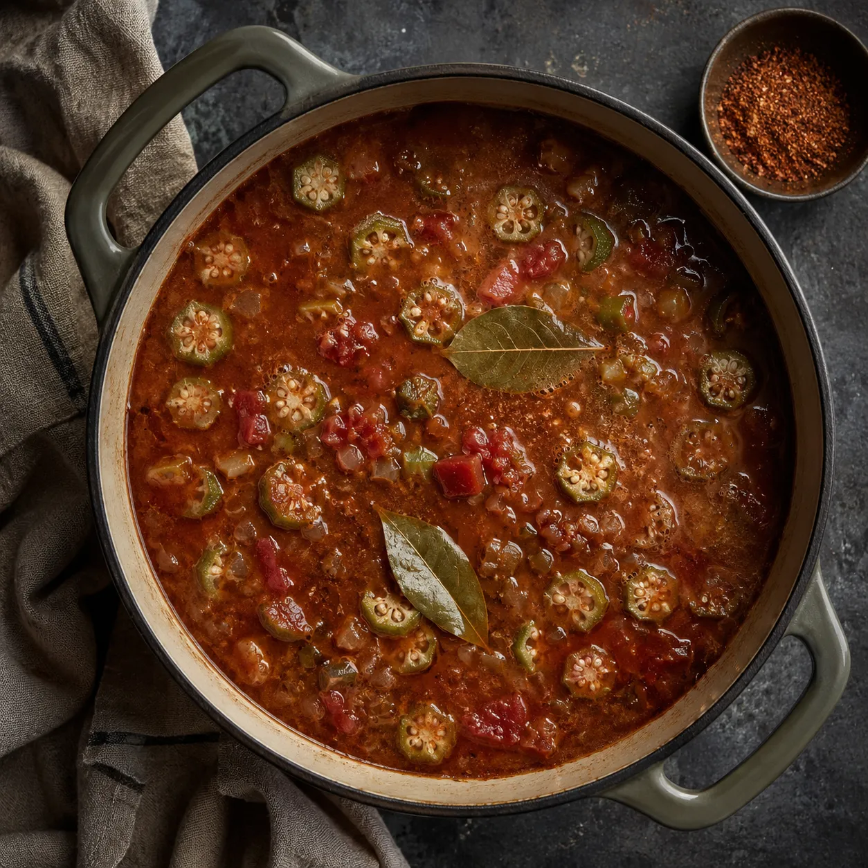 Creole gumbo recipe base simmering with okra, tomatoes, and dark broth