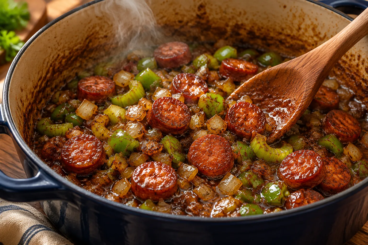 Holy trinity and andouille sausage cooking in roux for Creole seafood gumbo