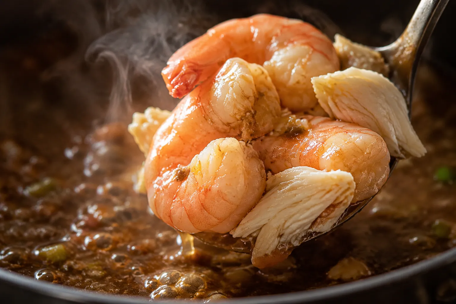 Adding shrimp and crab to seafood gumbo recipe at the end of cooking
