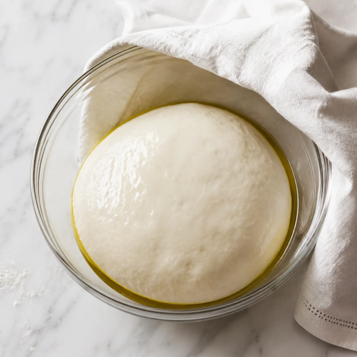 Quick pizza dough resting in a glass bowl after a short rise