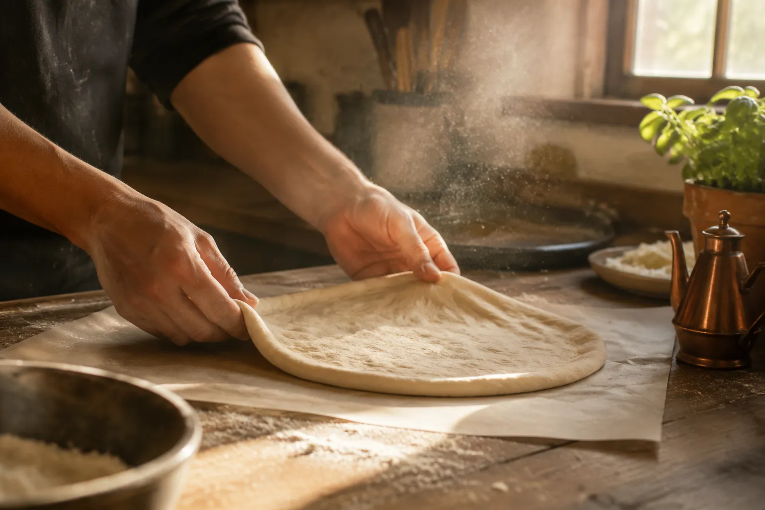 Stretching quick pizza dough into a round on parchment paper
