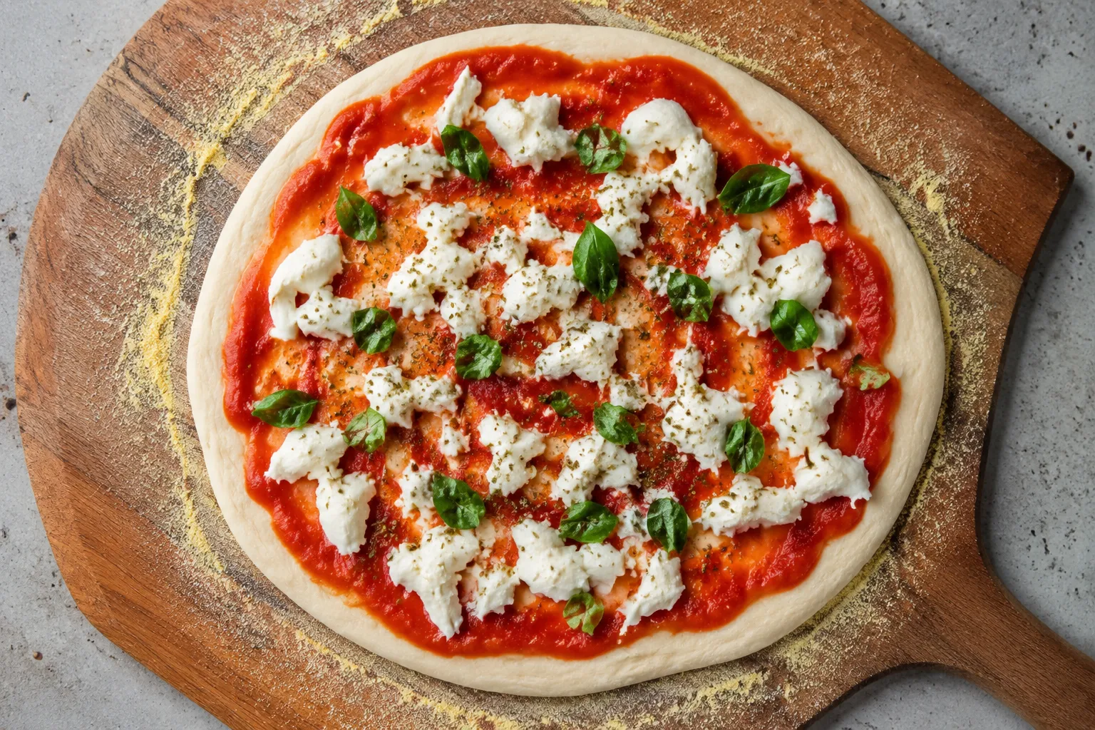 Topped pizza on quick homemade dough ready for baking