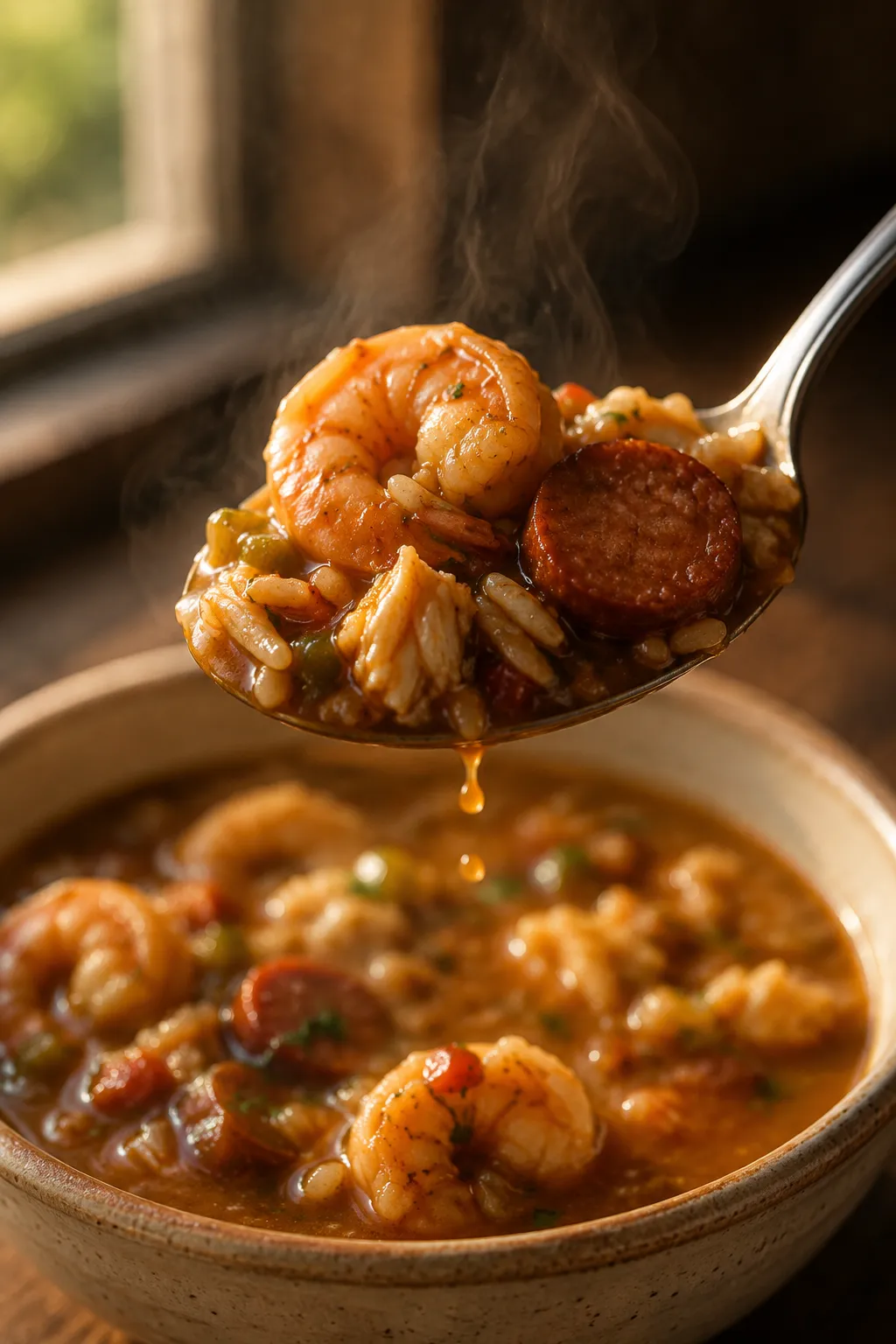 Spoonful of seafood gumbo recipe with shrimp, crab, andouille, and rice