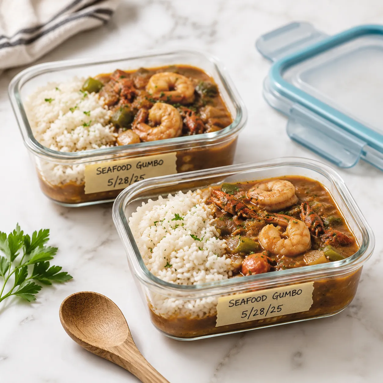 Storing leftover seafood gumbo in glass containers for the fridge or freezer