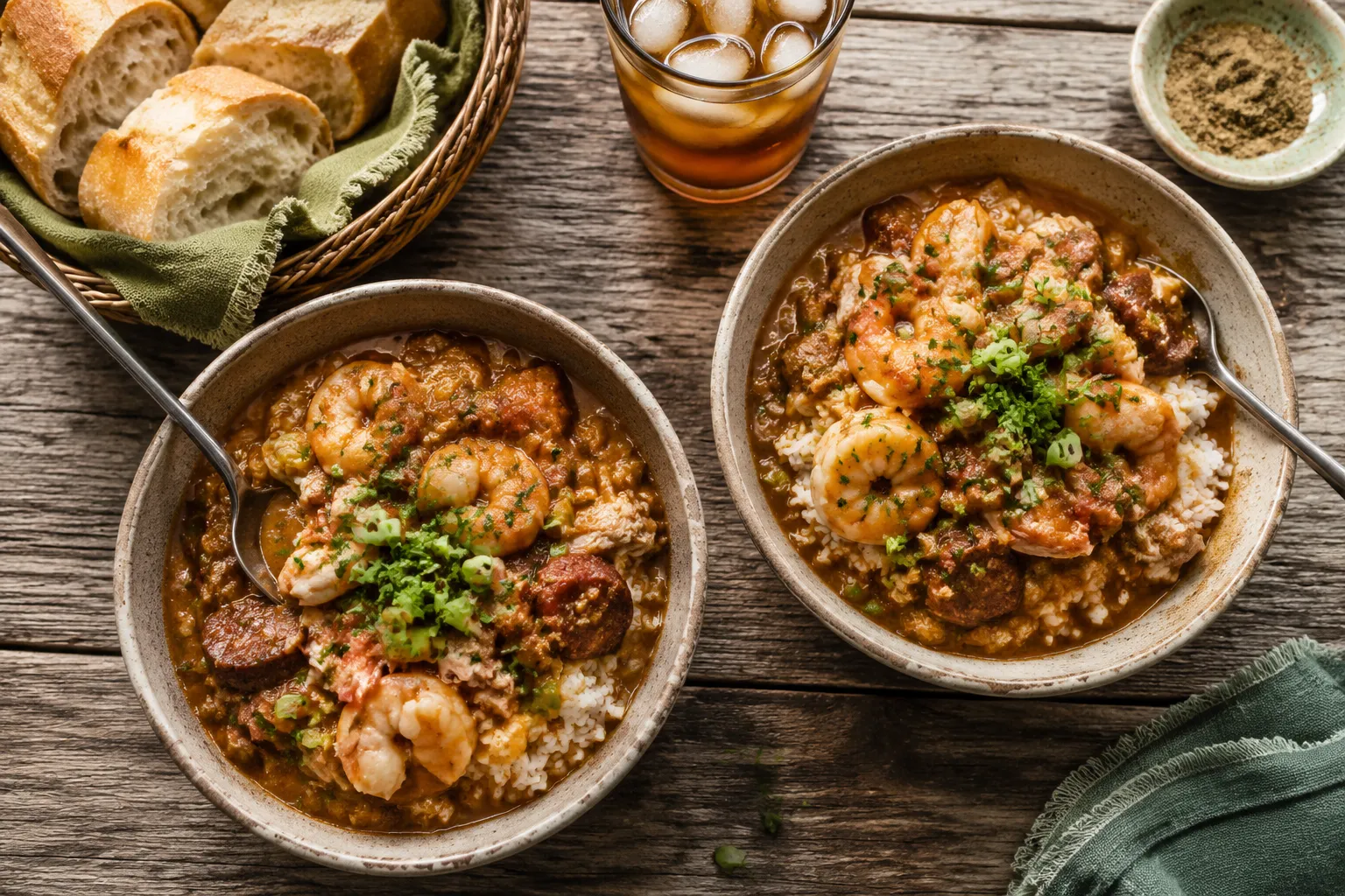 Two bowls of finished Louisiana seafood gumbo over rice with bread and tea