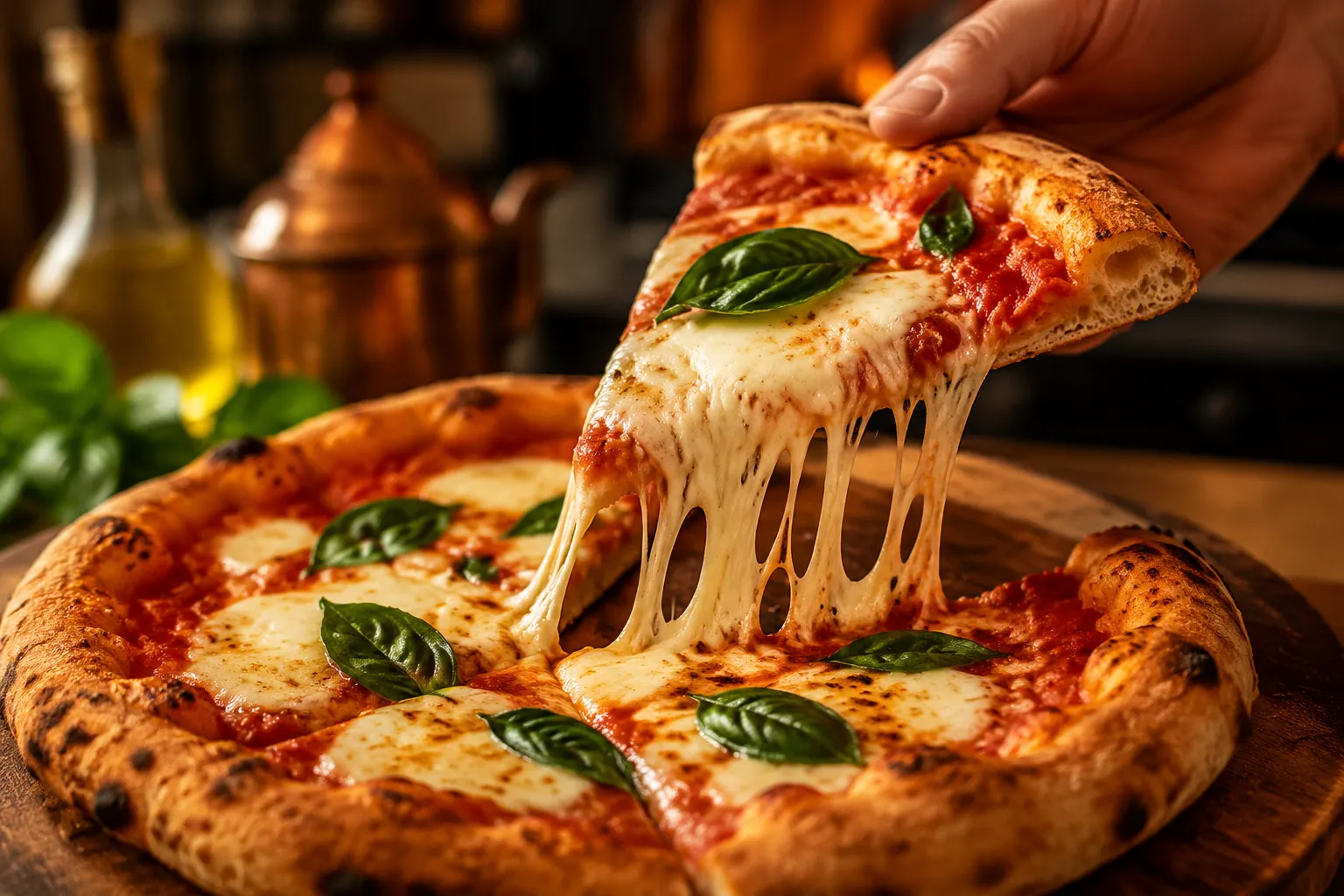 Slice of pizza lifted from quick pizza dough recipe with cheese pull