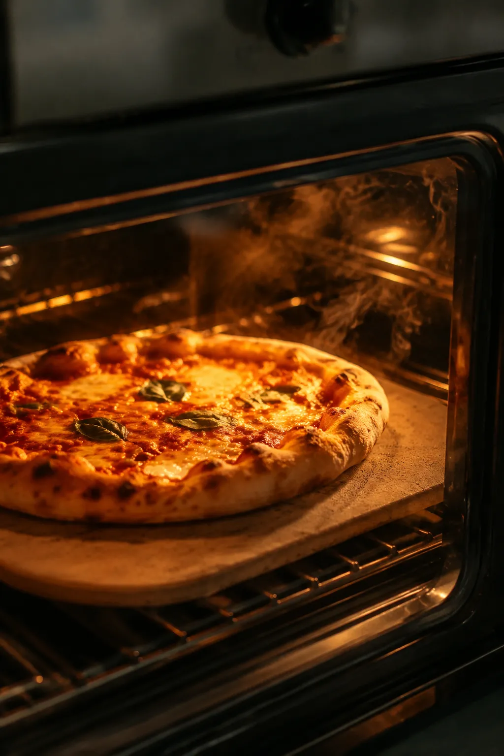 Pizza baking on a preheated stone in a home oven for quick pizza dough recipe