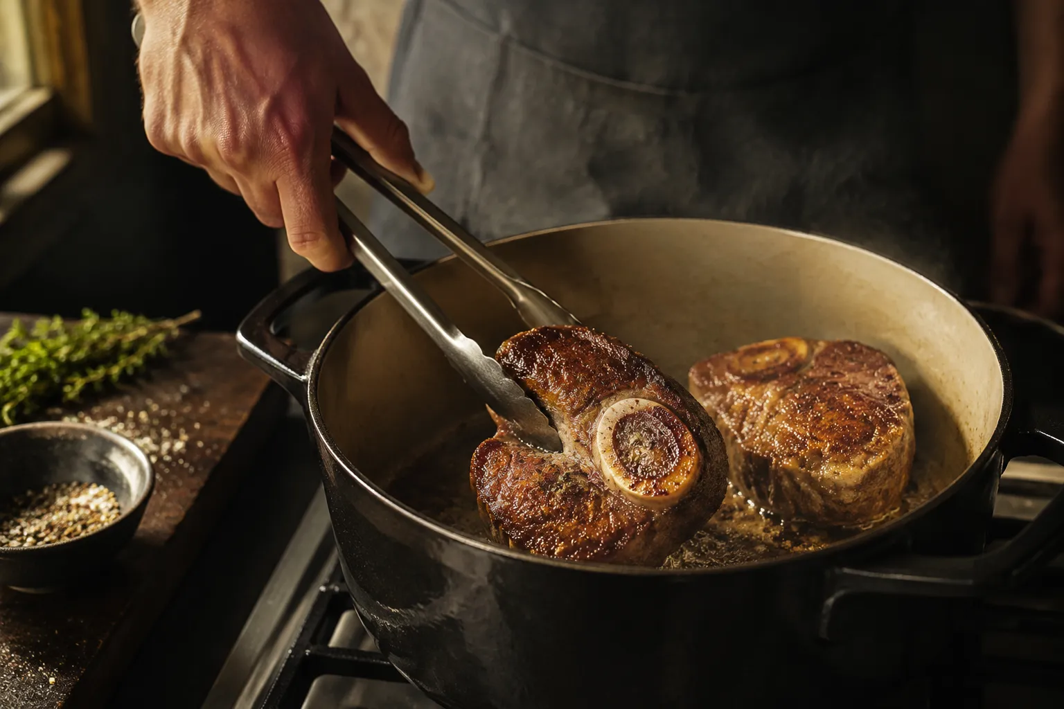 Searing beef shanks in a Dutch oven for braised beef shank recipe