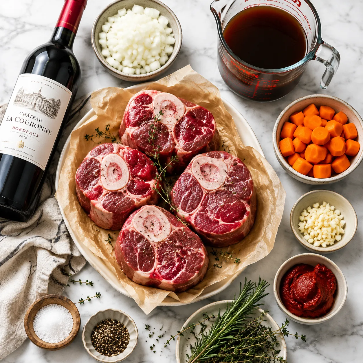 Beef shank recipe ingredients flatlay with red wine, herbs, and aromatics