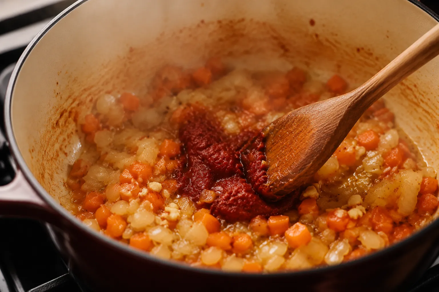Sautéing aromatics with tomato paste for beef shank braise