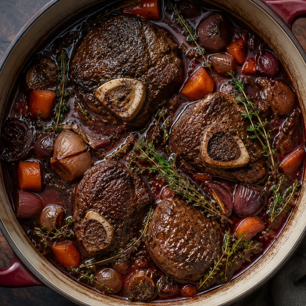Beef shanks ready to braise in red wine and broth