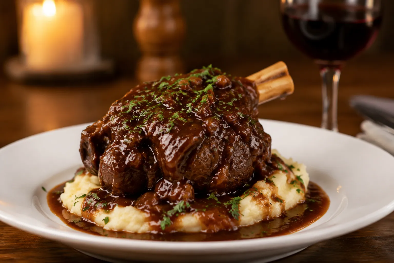 Plated braised beef shank recipe over mashed potatoes with red wine gravy