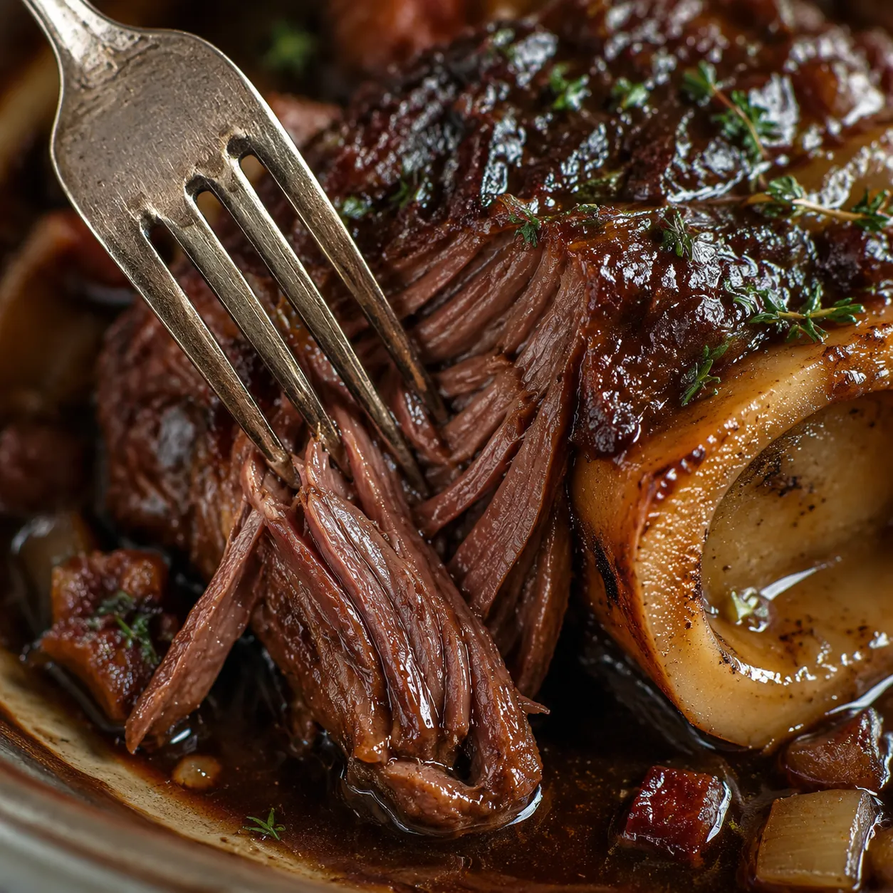 Close-up of fork-tender braised beef shank with bone marrow