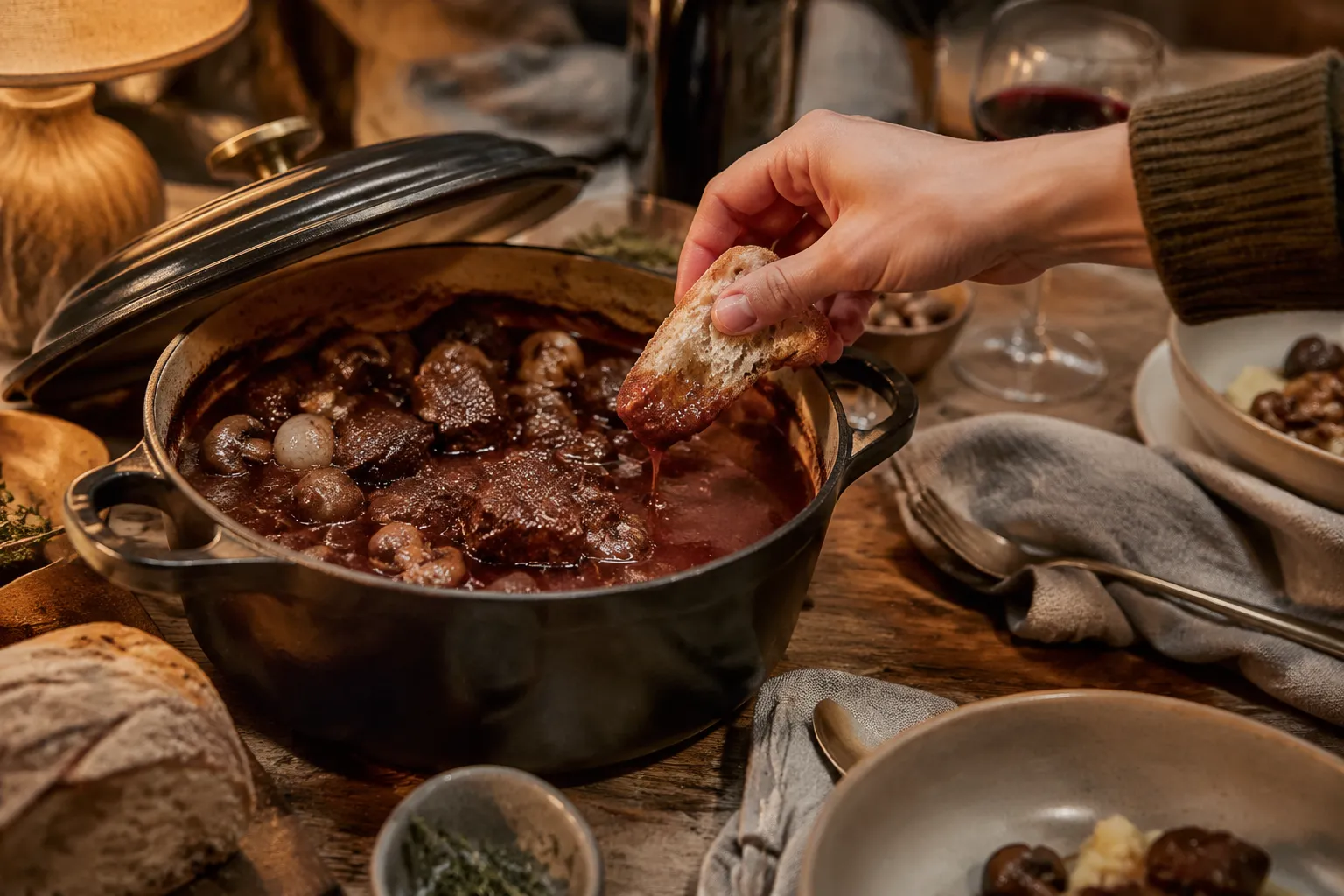 Serving braised beef shank family-style with crusty bread