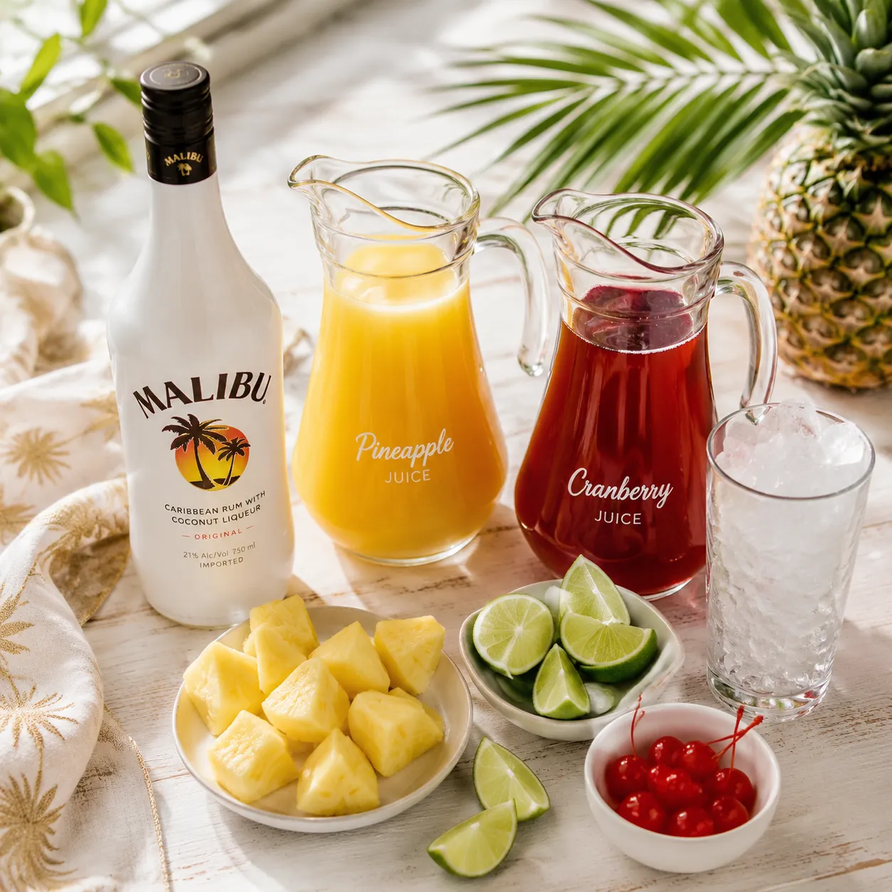 Ingredients for Malibu Bay Breeze cocktail laid out on a white wood table