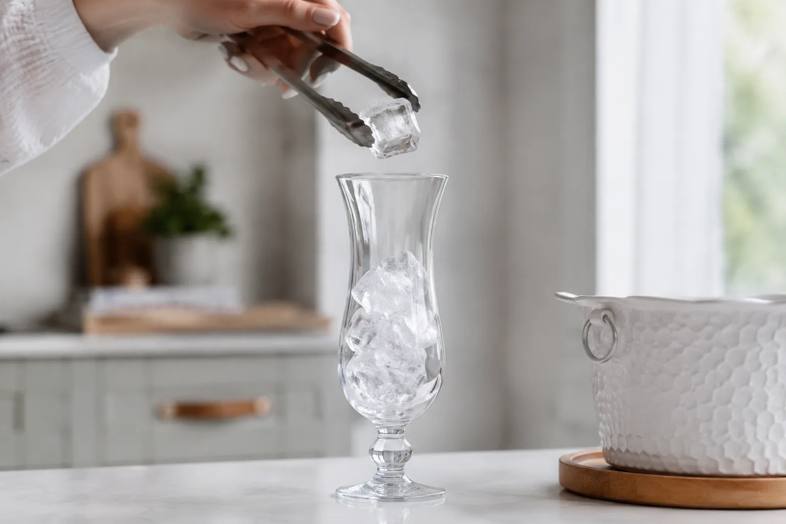 Adding ice to a highball glass for a Malibu Bay Breeze cocktail