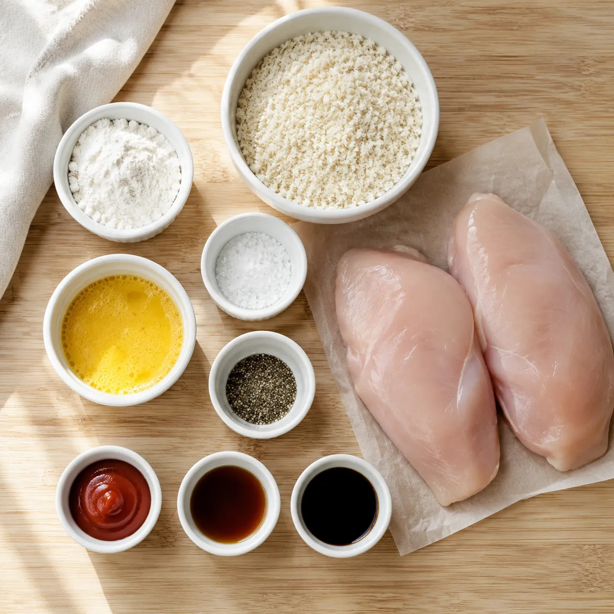 Chicken katsu ingredients flatlay with panko, eggs, flour, and tonkatsu sauce components
