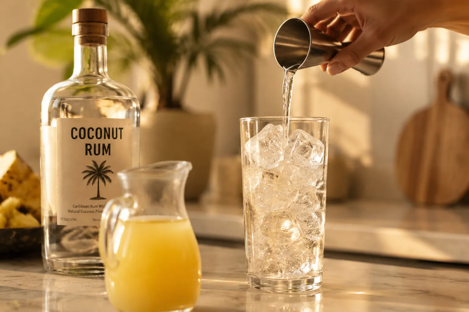 Pouring coconut rum and pineapple juice into a glass for Malibu Bay Breeze