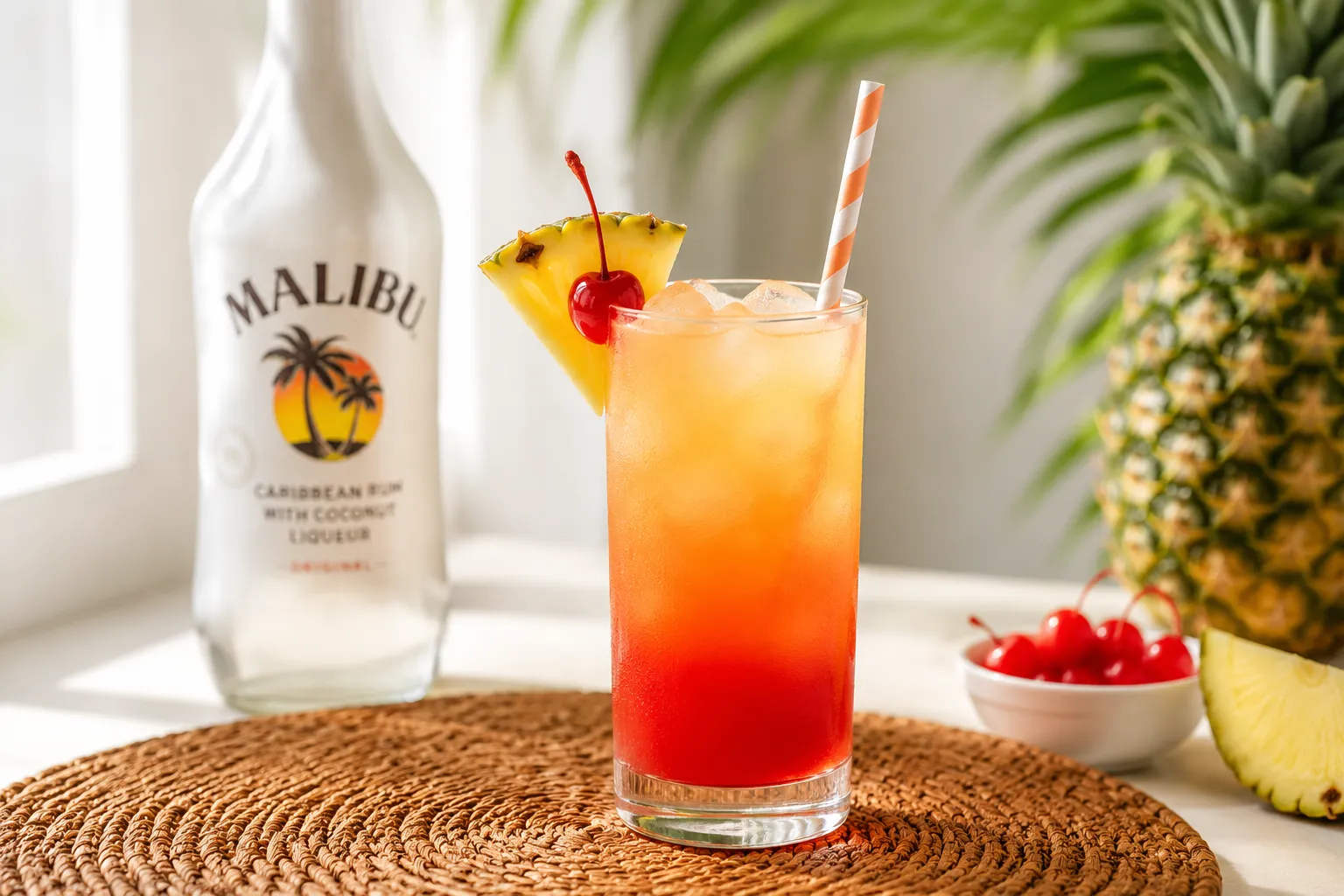 Finished Malibu Bay Breeze cocktail garnished with pineapple and cherry