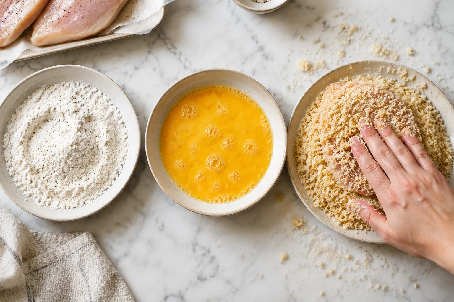 Breading station for crispy chicken katsu with panko breadcrumbs